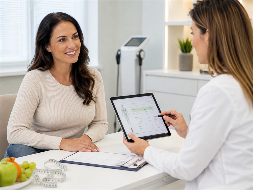 Paciente em consulta de emagrecimento com médica, que apresenta uma avaliação de composição corporal em um tablet — emagrecimento com acompanhamento médico na Revium.