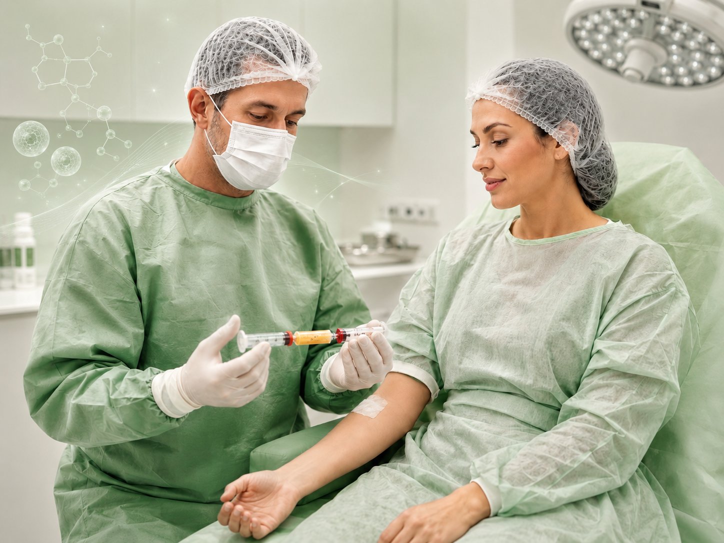 Médico aplicando terapia regenerativa com plasma rico em plaquetas (PRP) no braço de uma paciente, representando a medicina regenerativa na Revium